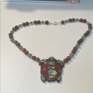 Turtle Pendant Necklace w/Brown and Green Beads mother of pearl inlay .925 clasp